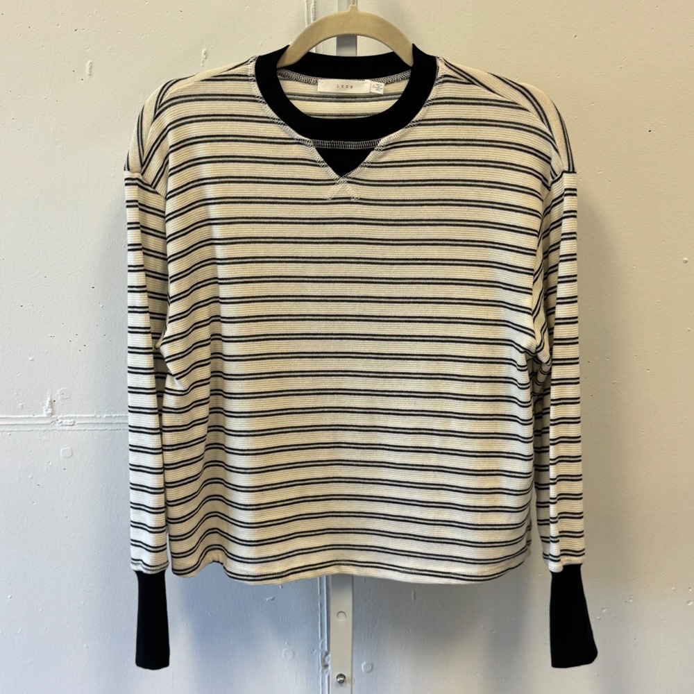Lush Women's Ivory Black Striped Thermal Long Sleeve Top Small T16919B Casual